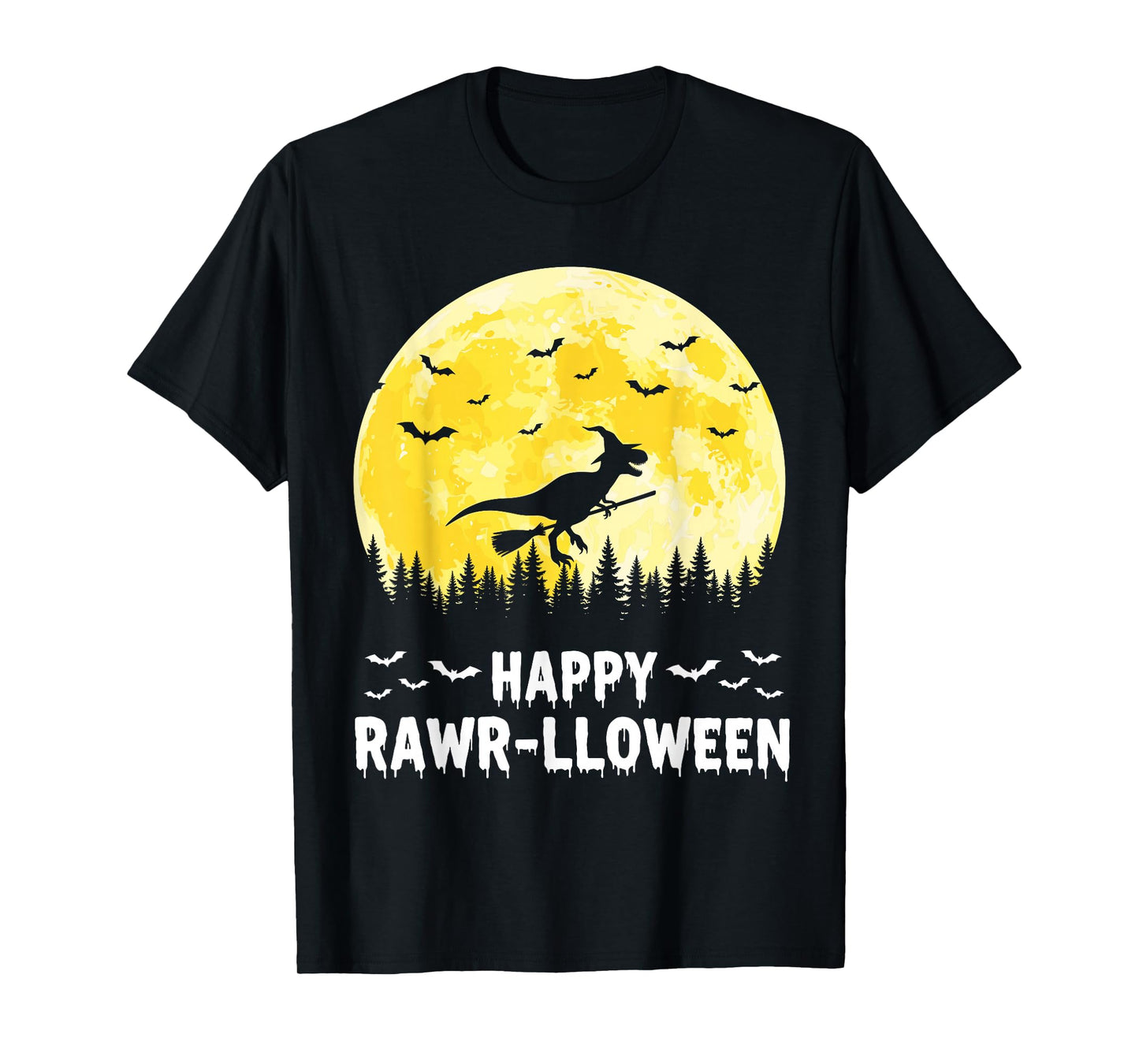 Happy Rawr-lloween Funny Halloween T Rex Flying Witch T-Shirt