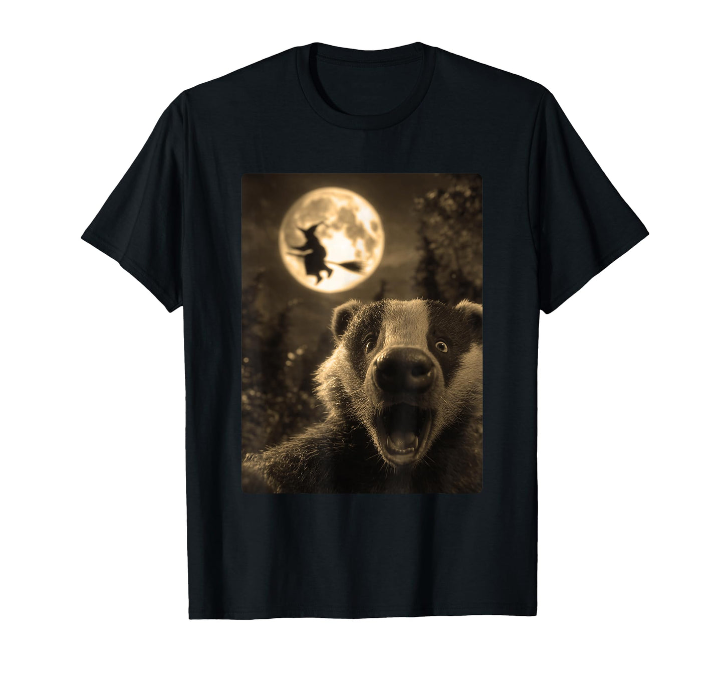 Funny Badger Selfie Full Moon Flying Witch Forest Halloween T-Shirt