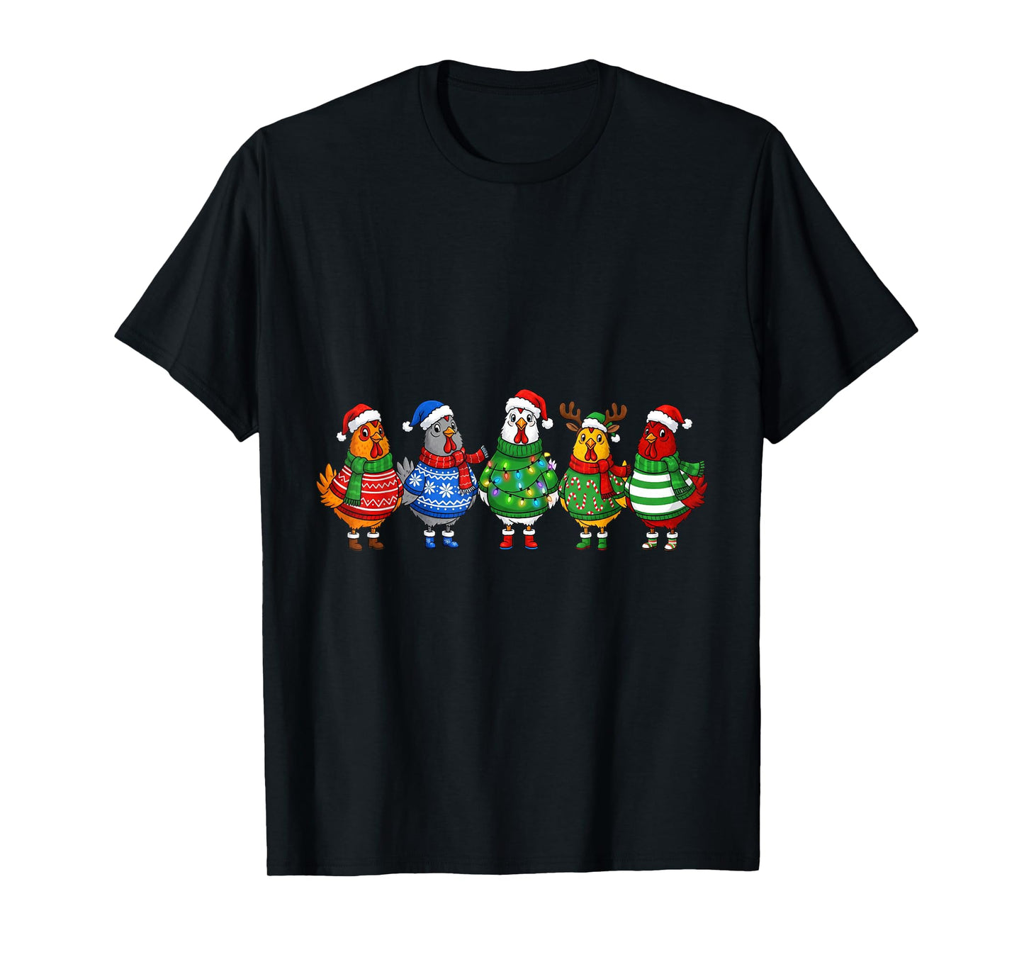 Ugly Christmas Chicken Santa Hat Lights Sweater Xmas Holiday T-Shirt