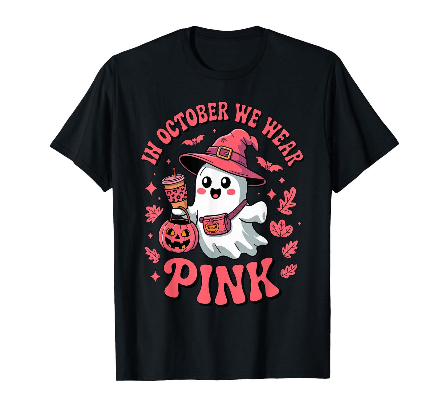 Cute Ghost with Coffee in October We Wear Pink Breast Cancer T-Shirt