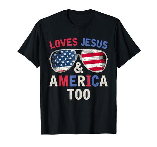 Loves Jesus and America Too God Christian Groovy 4th of July T-Shirt