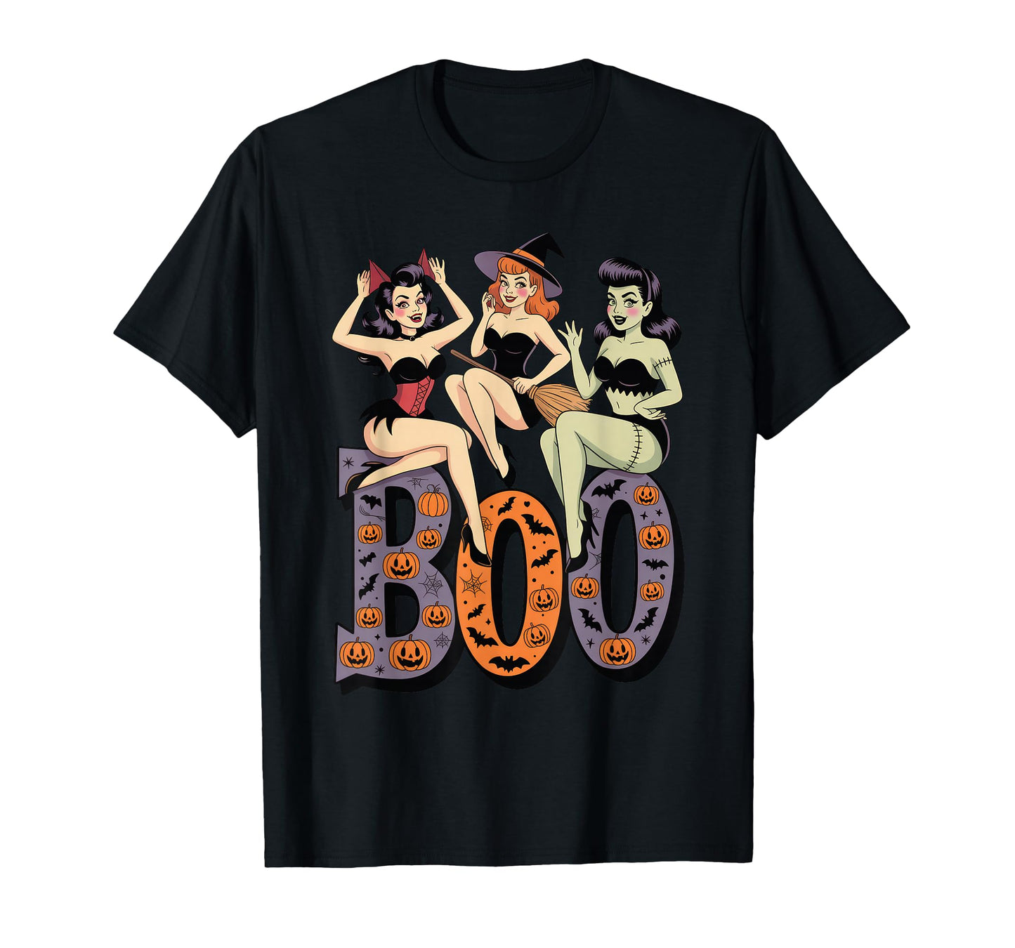 Vintage Halloween Pinup Trio Retro Boo Witches Devil Monster T-Shirt