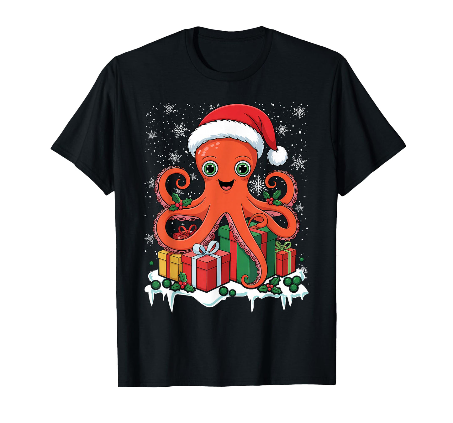 Christmas Octopus Or Kraken with Santa Hat Funny Idea T-Shirt