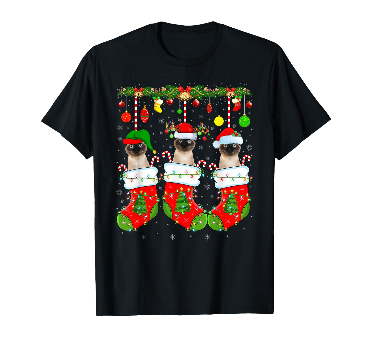Siamese Cats in Christmas Socks Funny Cat Xmas Pajamas T-Shirt