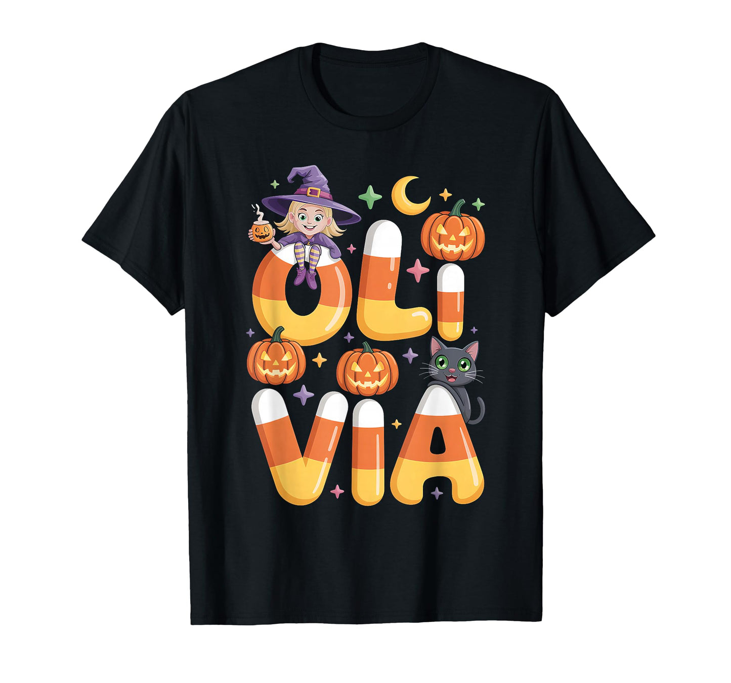 Olivia Witch Candy Corn Cat Halloween Women and Girls T-Shirt