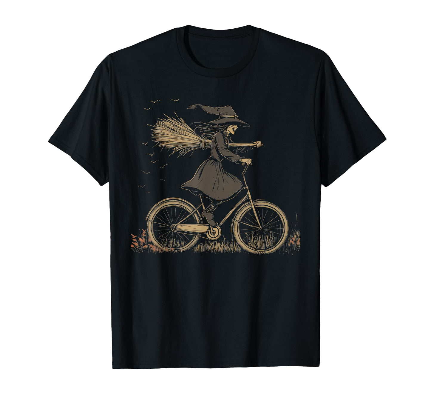 Vintage Spooky Witch Riding Bicycle Cycing Biking Halloween T-Shirt