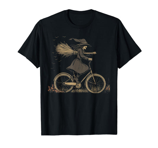 Vintage Spooky Witch Riding Bicycle Cycing Biking Halloween T-Shirt