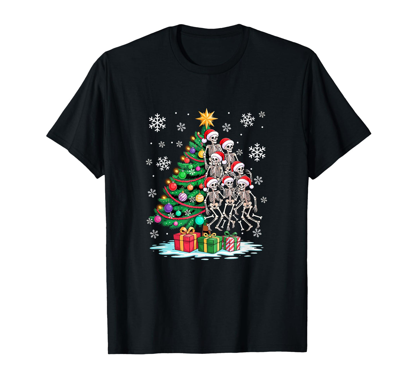 Decorating Colorful Xmas Tree Half Group Santa Skeletons T-Shirt