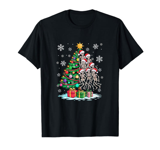 Decorating Colorful Xmas Tree Half Group Santa Skeletons T-Shirt