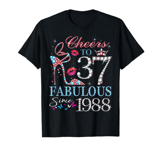 Womens Cheers to 37 Years Old EST 1988 37th Birthday Queen T-Shirt
