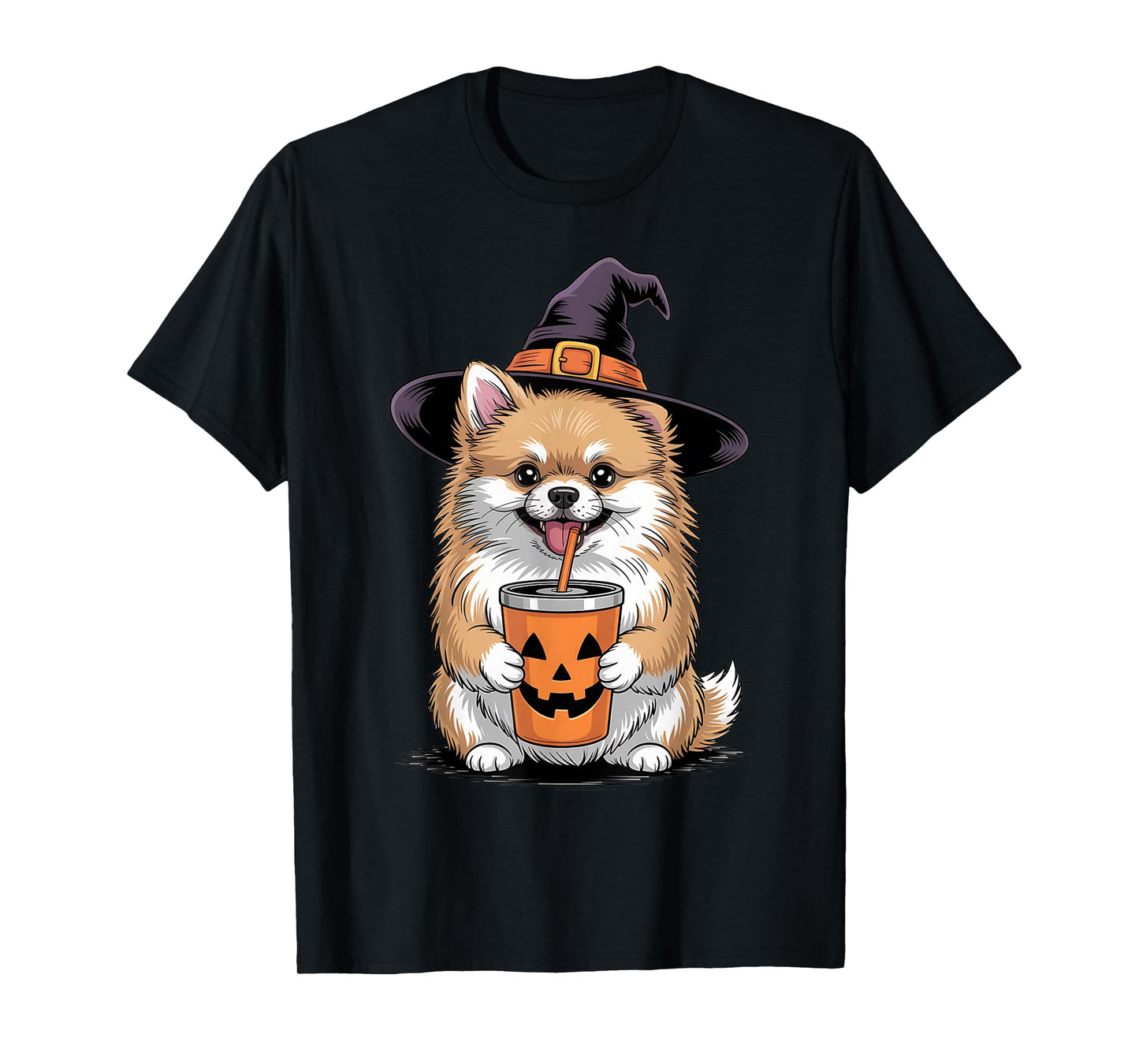 Pomeranian Witch Dog Paw Cute Halloween Spooky Pumpkin Drink T-Shirt