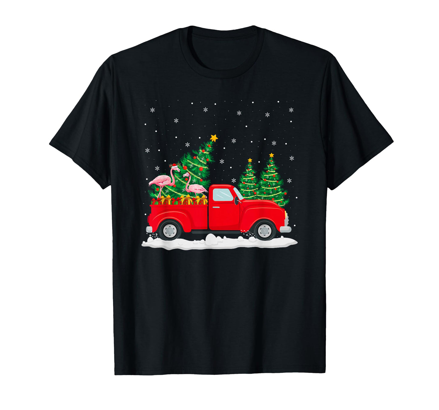 Flamingo On Red Truck Christmas Tree Lights Holiday Xmas T-Shirt