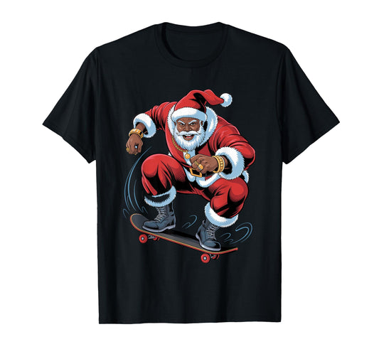 Santa Skateboarding African American Funny Holiday Christmas T-Shirt