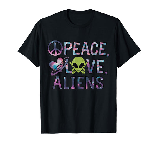 Peace Love Aliens Cool Funny Retro Vintage UFO UAP Alien T-Shirt