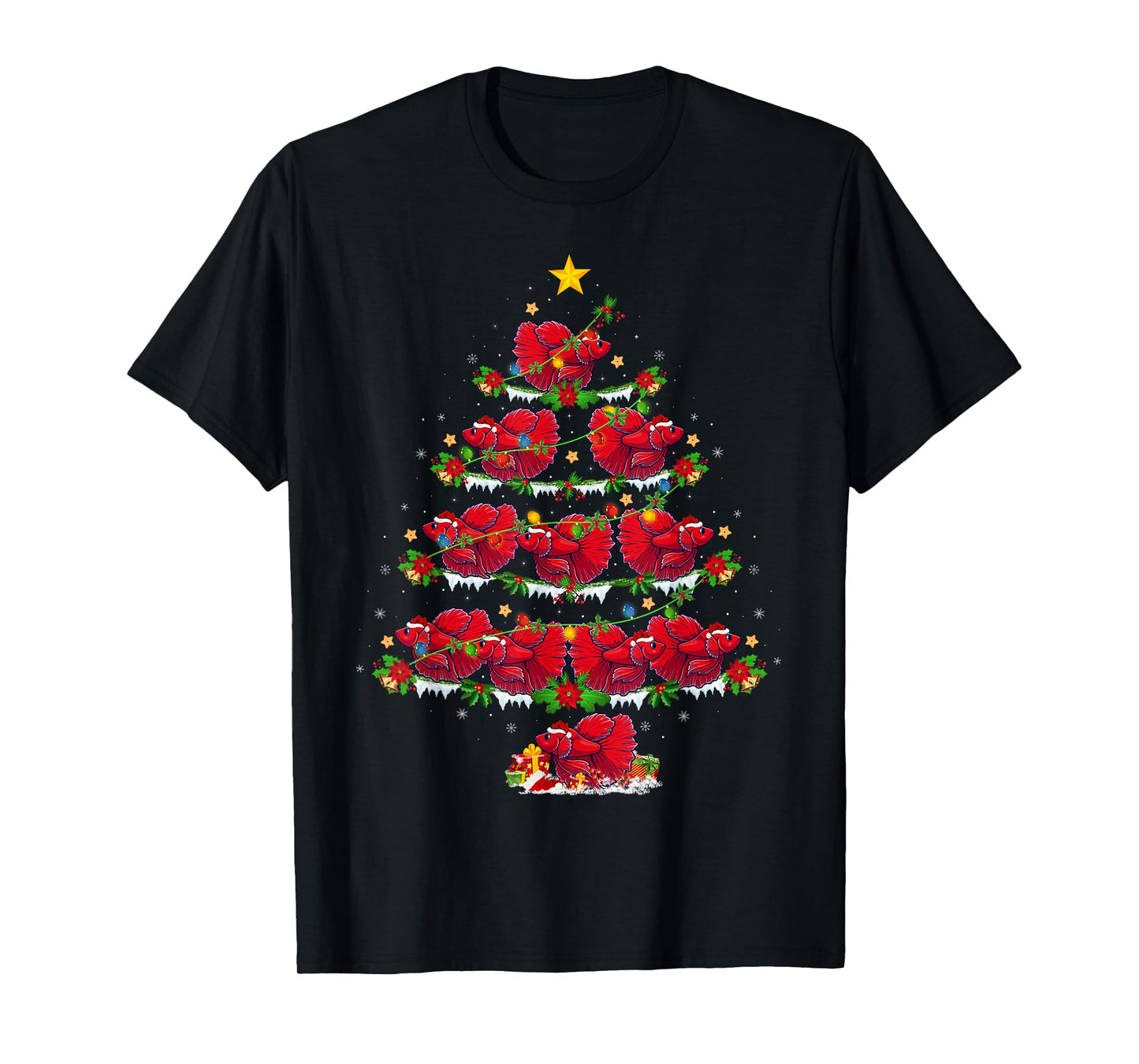 Betta Fish Christmas Tree Lights Funny Betta Fish Xmas T-Shirt