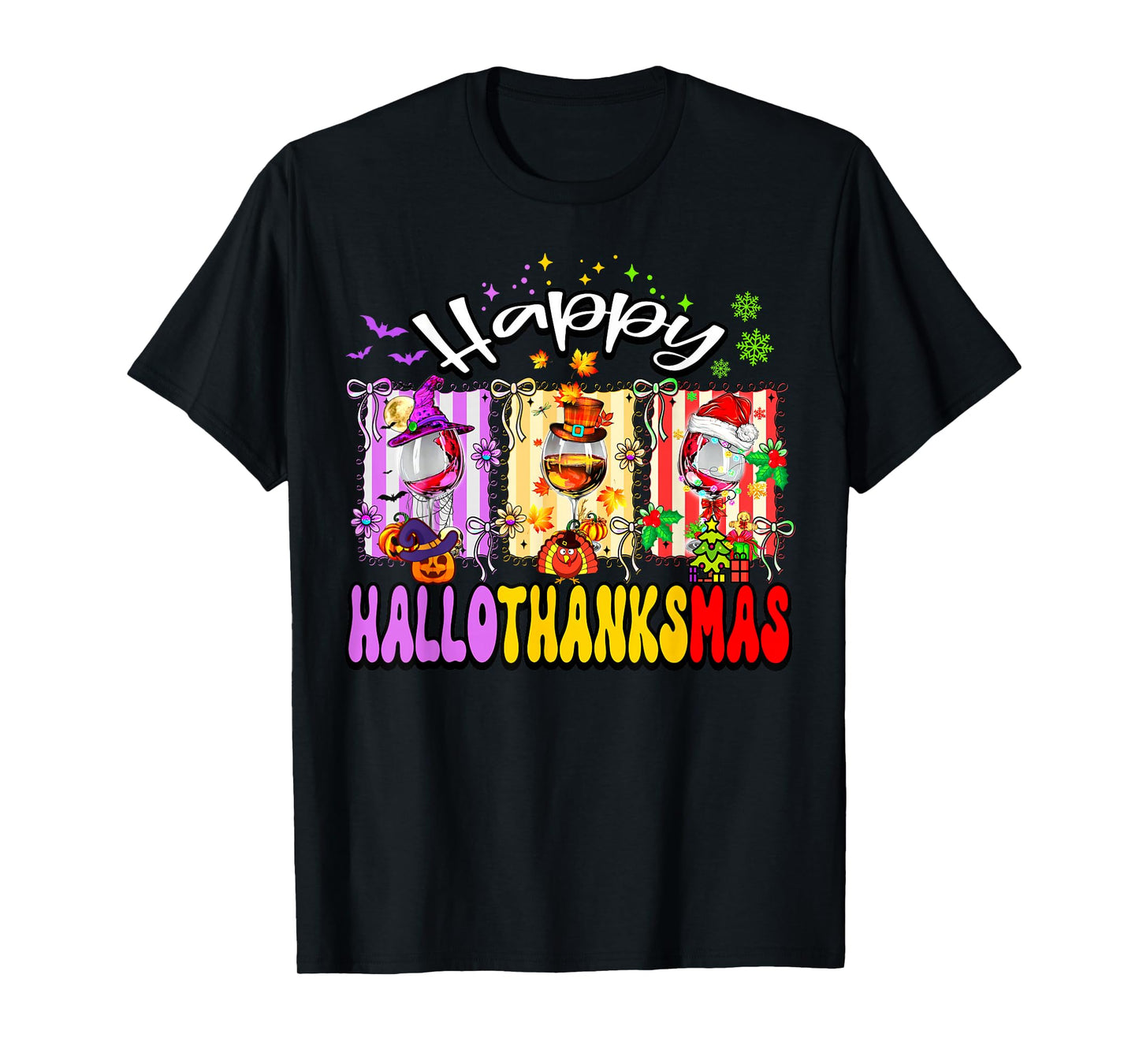 Happy Hallothanksmas Coquette Bow Wine Glass Holiday Mixed T-Shirt