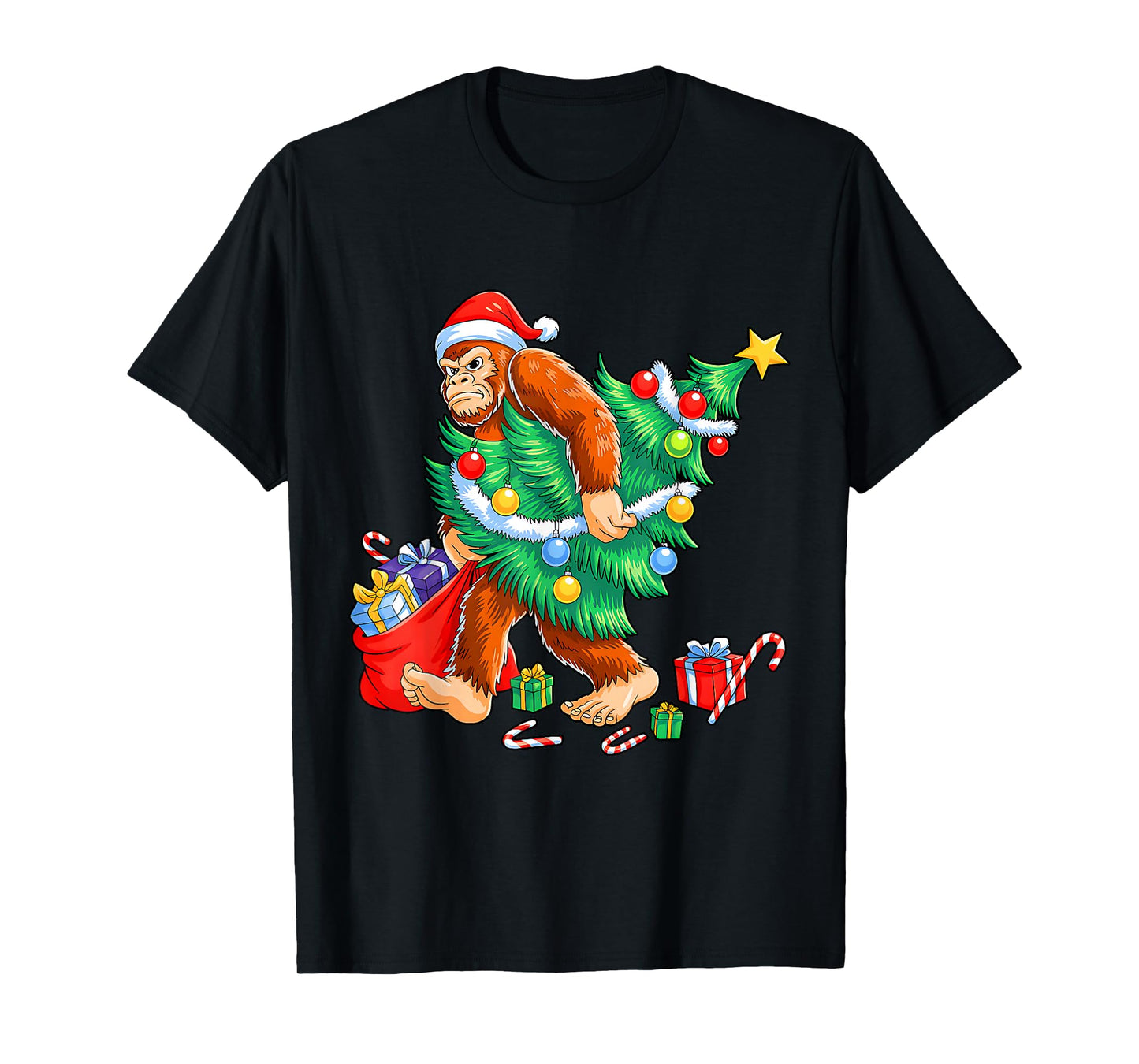 Funny Bigfoot Christmas Tree Lights Xmas Boys Men Sasquax T-Shirt