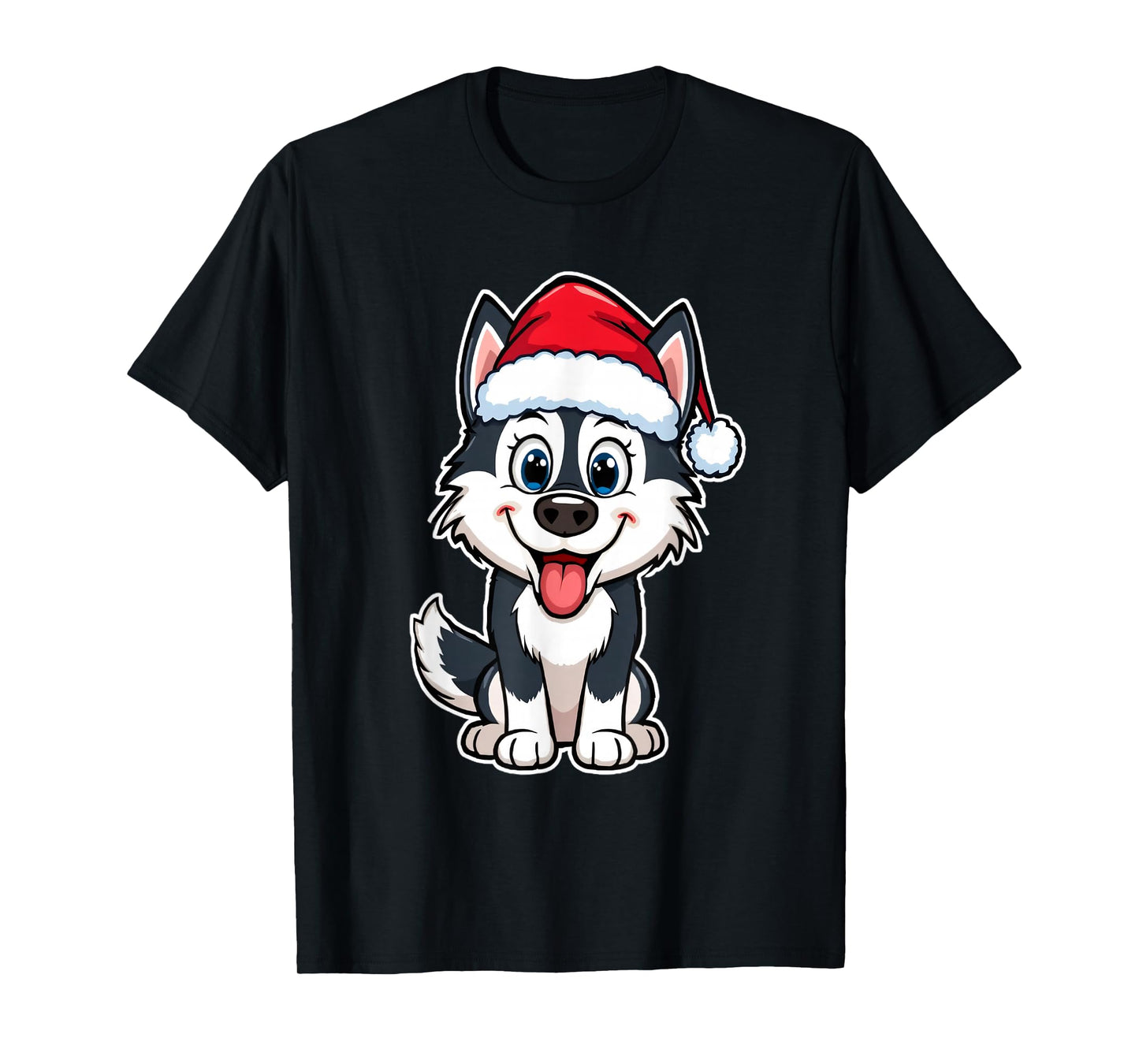 Christmas Cartoon Husky with Santa Hat Design T-Shirt