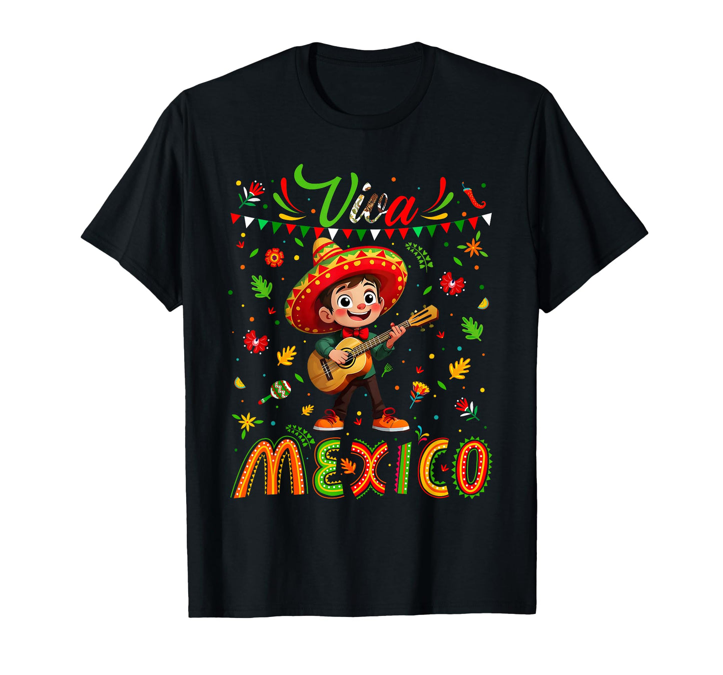 Viva Mexico Mexican Poncho Boy Independence Day Flag Guitar T-Shirt