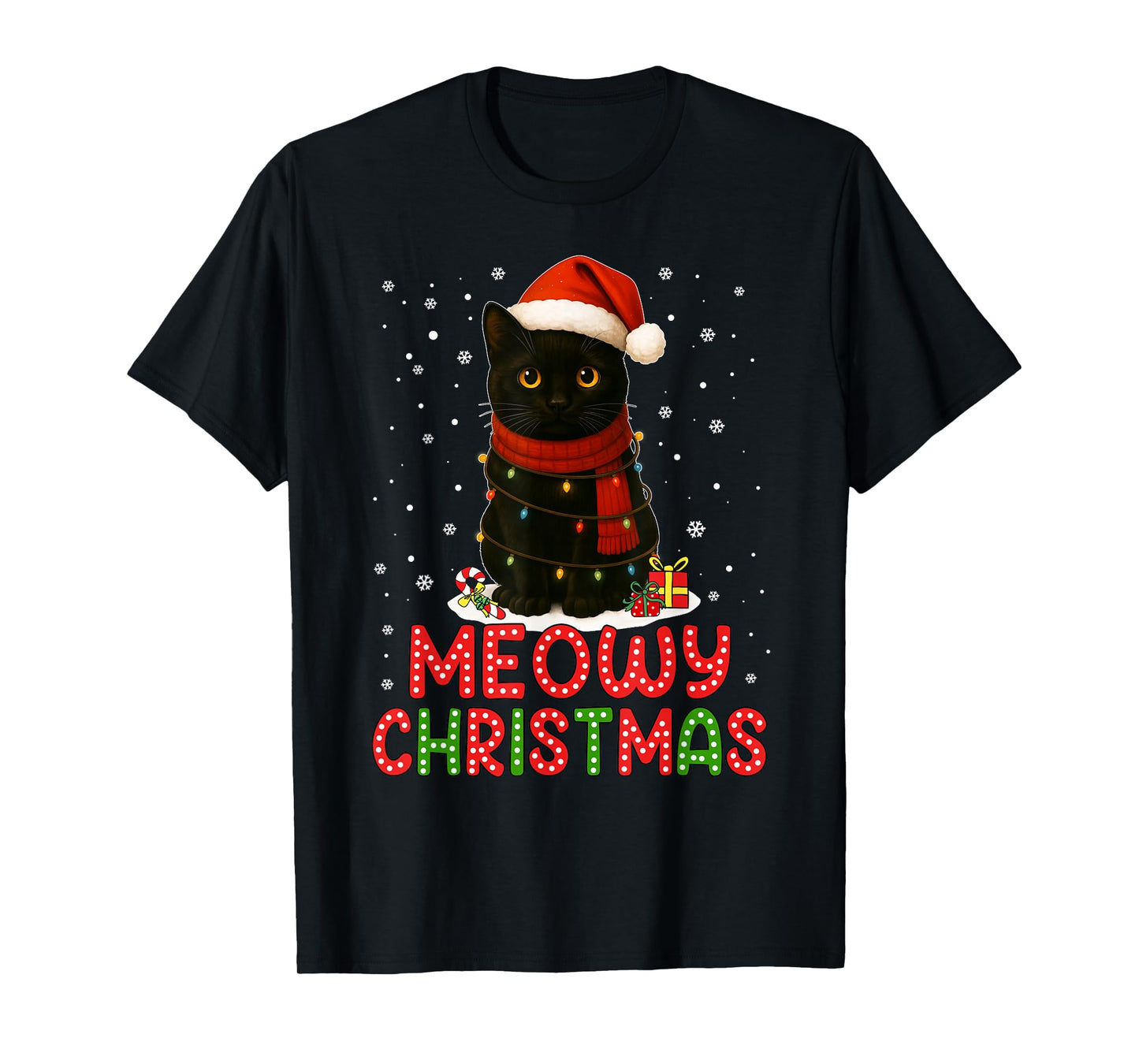 Meowy Christmas Santa Hat Funny Black Cat Men Women Kids T-Shirt