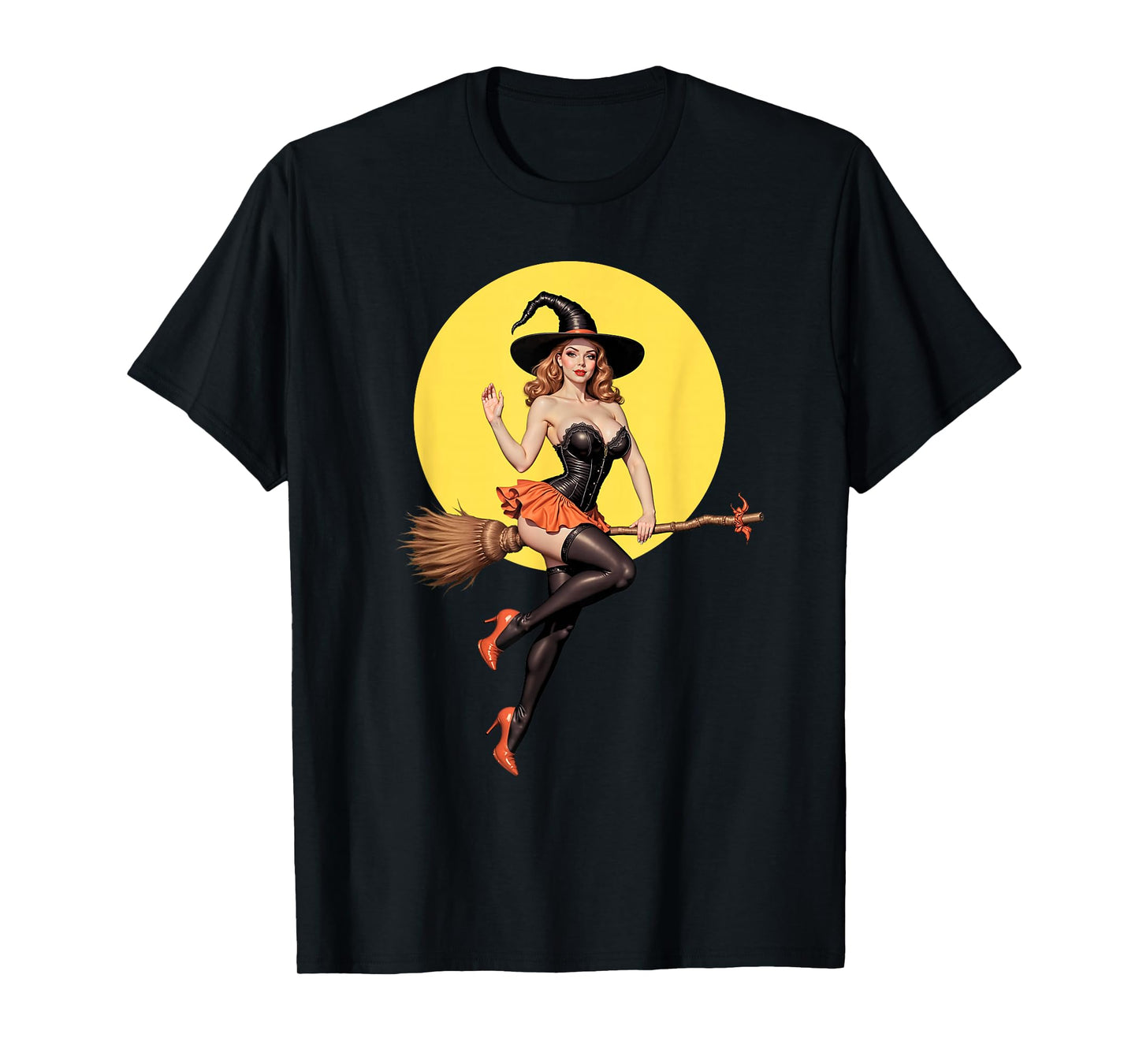 Sexy Halloween Witch Pin-Up Girl Riding A Broomstick T-Shirt