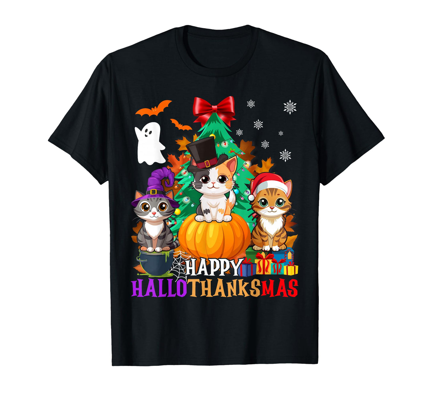 Happy Hallothanksmas Cats Halloween Thanksgiving Christmas T-Shirt