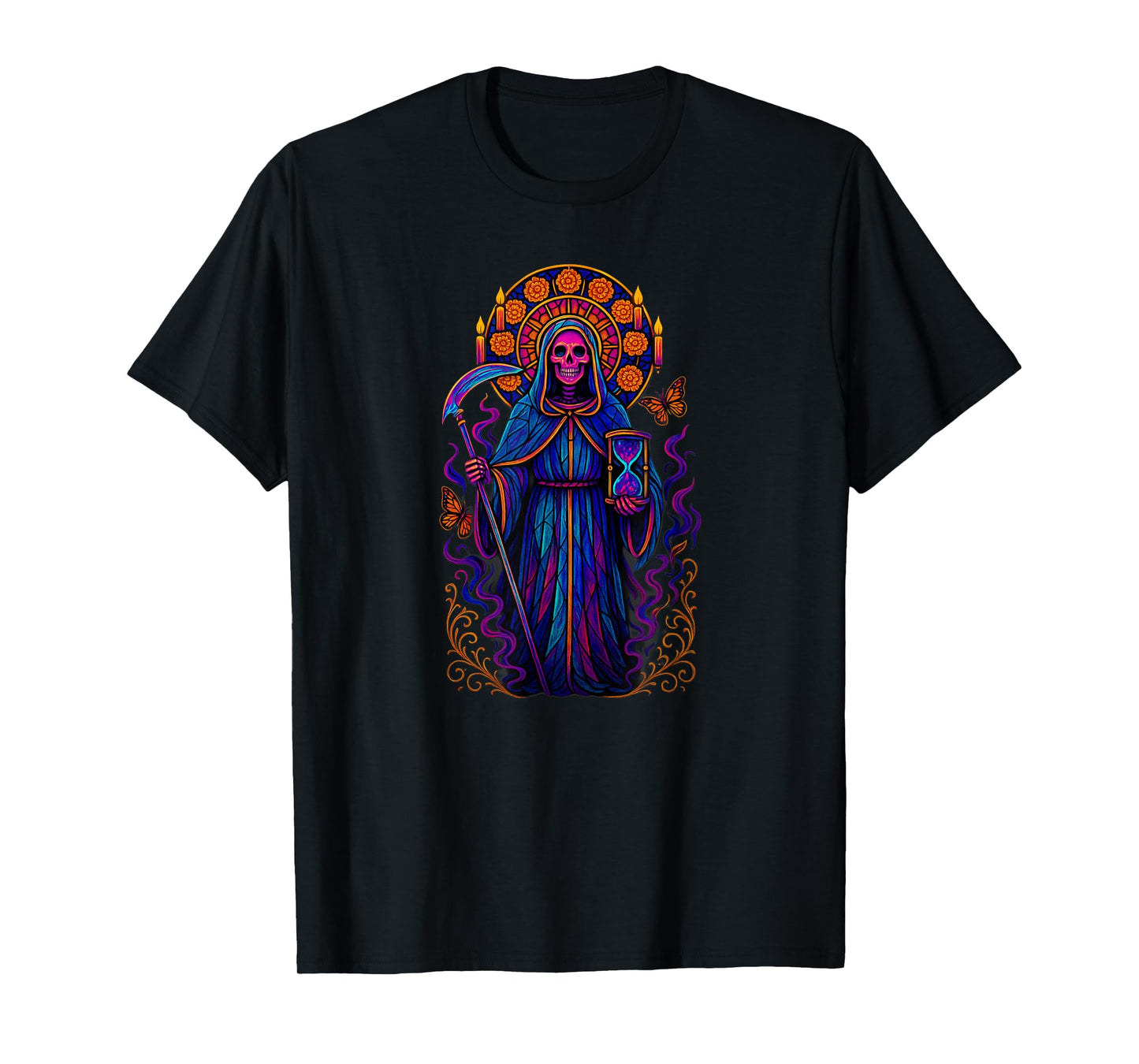 Santa Muerte Stained Glass Scythe Hourglass Mexican Folk Art T-Shirt