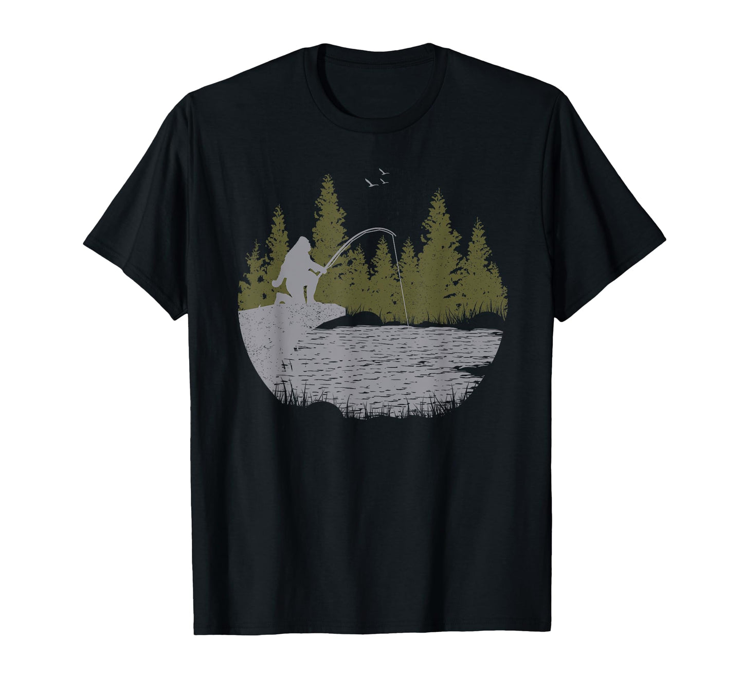 Funny Bigfoot Fishing Sasquatch & Trees Distressed Fisherman T-Shirt