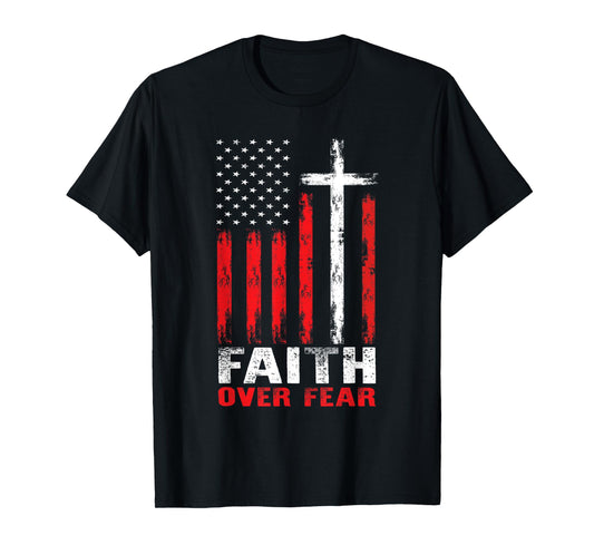 Faith Over Fear Christian Cross American Flag Distress T-Shirt