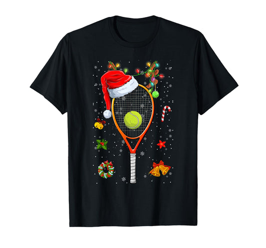 Funny Tennis Racket Reindeer Santa Hat Christmas Lights Xmas T-Shirt