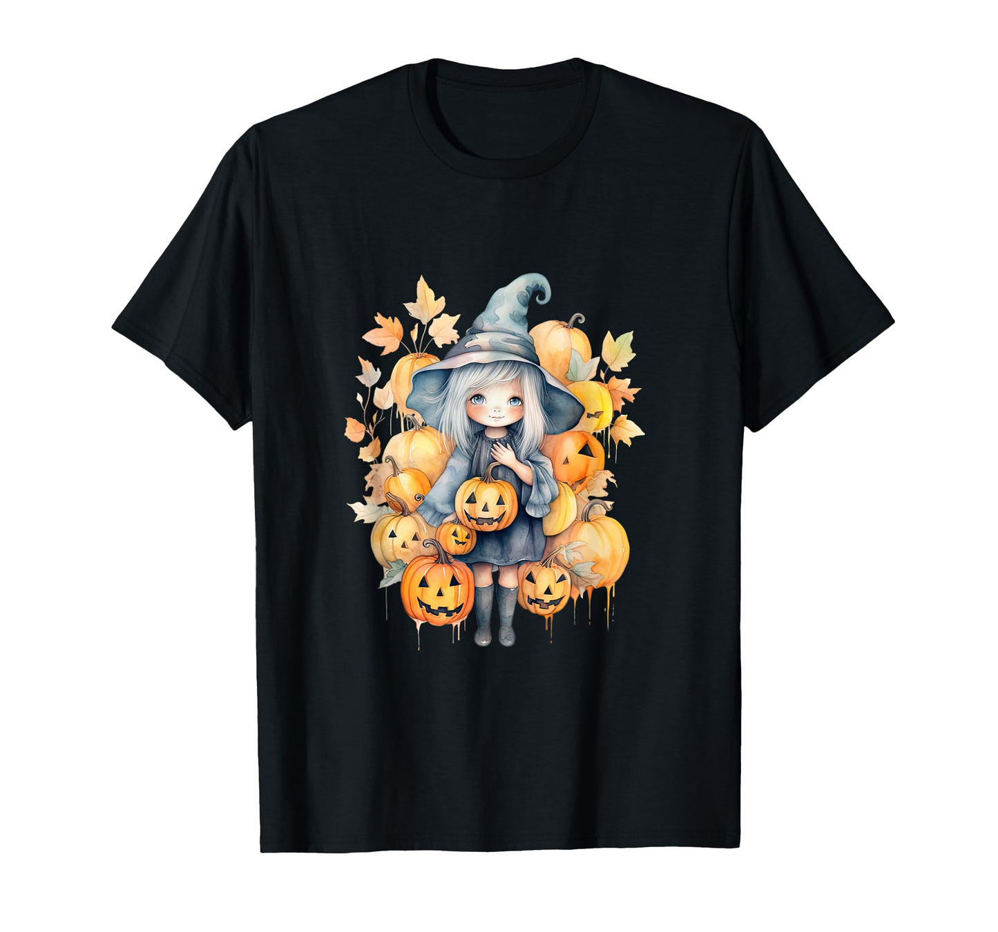 Watercolor Cute Halloween Pumpkin Girl Fall Autumn Leafs T-Shirt