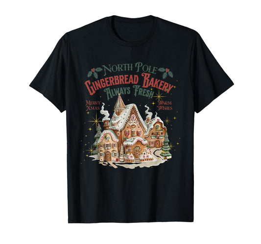 Retro Vintage North Pole Gingerbread Bakery Merry Christmas T-Shirt