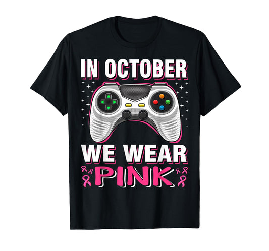 In October We Wear Pink Breast Cancer Gaming Kids Boys Youth T-Shirt