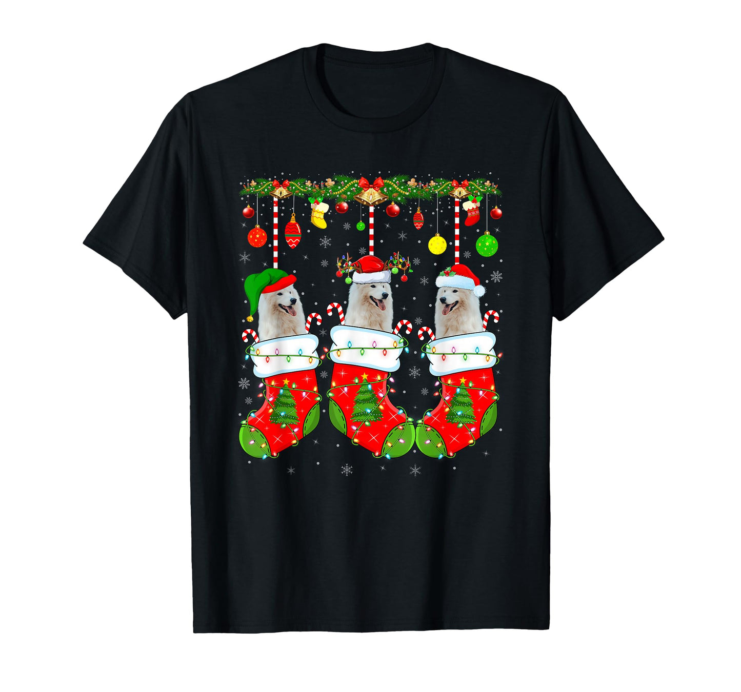 American Eskimo Dog in Christmas Socks Funny Dog Lover Xmas T-Shirt