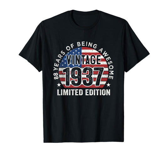 88th Birthday Gifts Men Vintage 1937 88 Years Old USA Flag T-Shirt