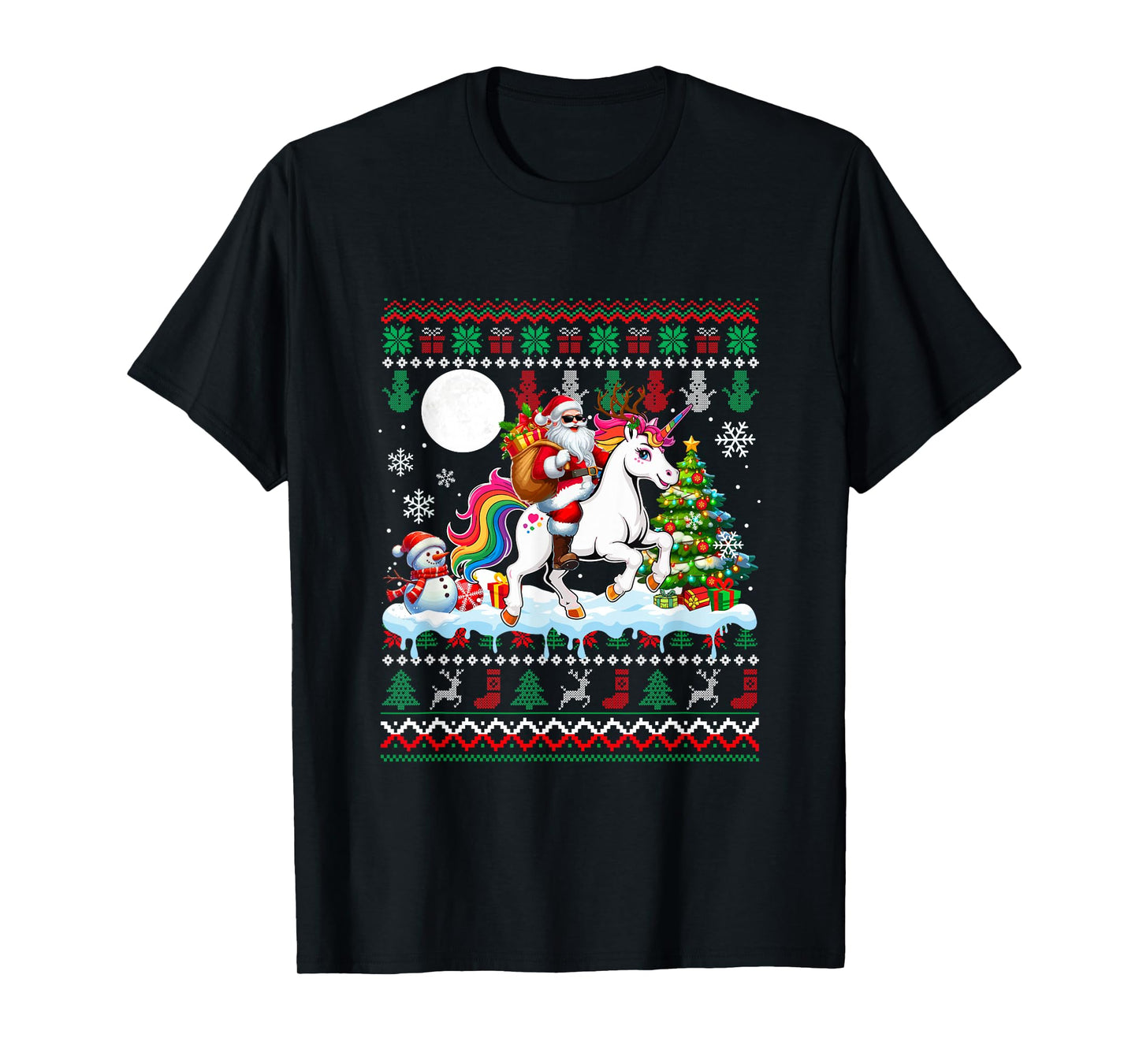 Santa Sunglasses Riding Unicorn Christmas Sweater Snowman T-Shirt