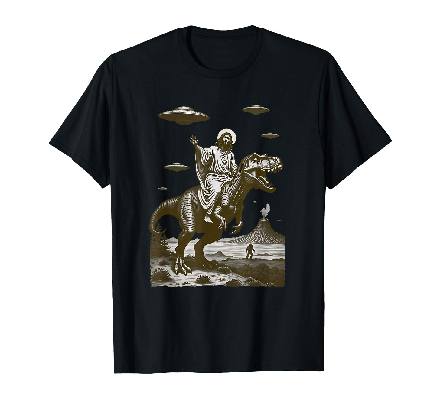 Jesus on Dinosaur Alien Flying Saucer Bigfoot T-Shirt