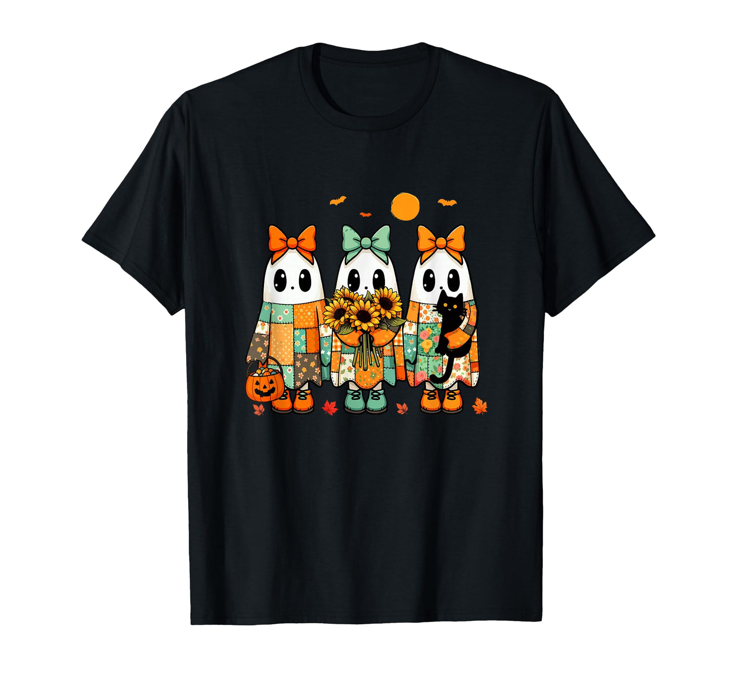 Three Colorful Floral Boos Bow Tie Halloween Girl Women Kids T-Shirt