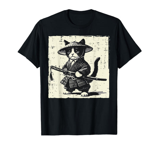 Japanese Cat Samurai Kimono Vintage Warrior Women Kids Men T-Shirt
