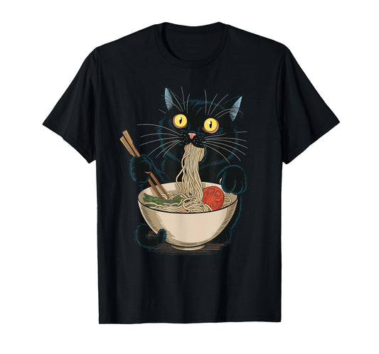 Funny Japanese Cat Eating Ramen Vintage Japanese Noodles T-Shirt