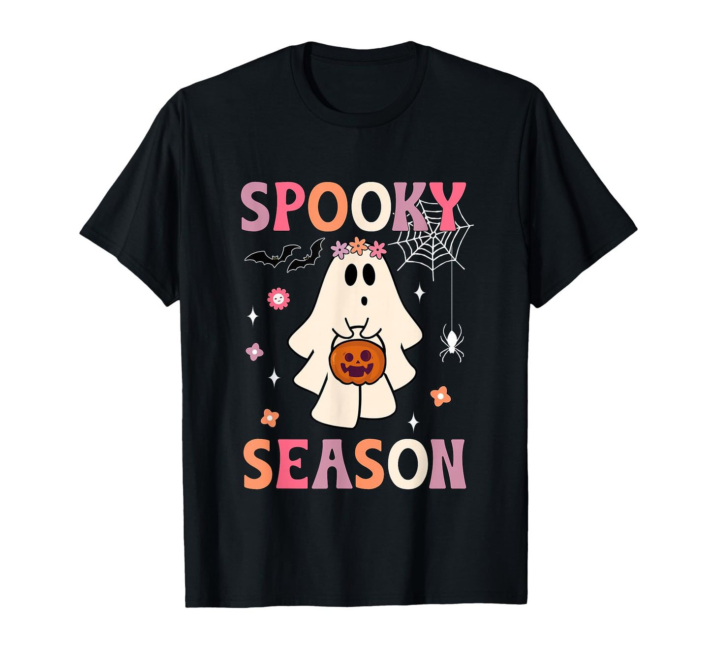 Groovy Halloween Ghost Holding Pumpkin Spooky Season Women T-Shirt