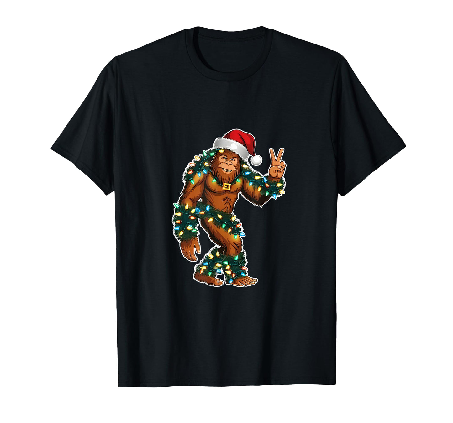 Holiday Sasquatch with Xmas Lights and Santa Hat Peace Sign T-Shirt