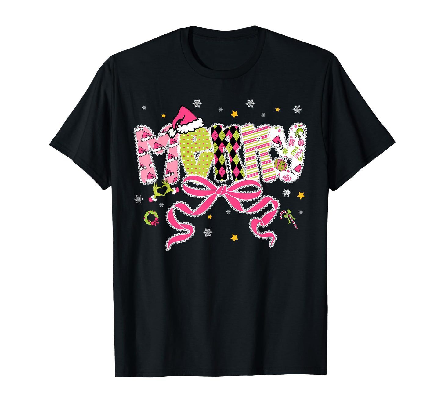 Coquette Bow Merry Christmas Xmas Snowflake Holiday Pajamas T-Shirt