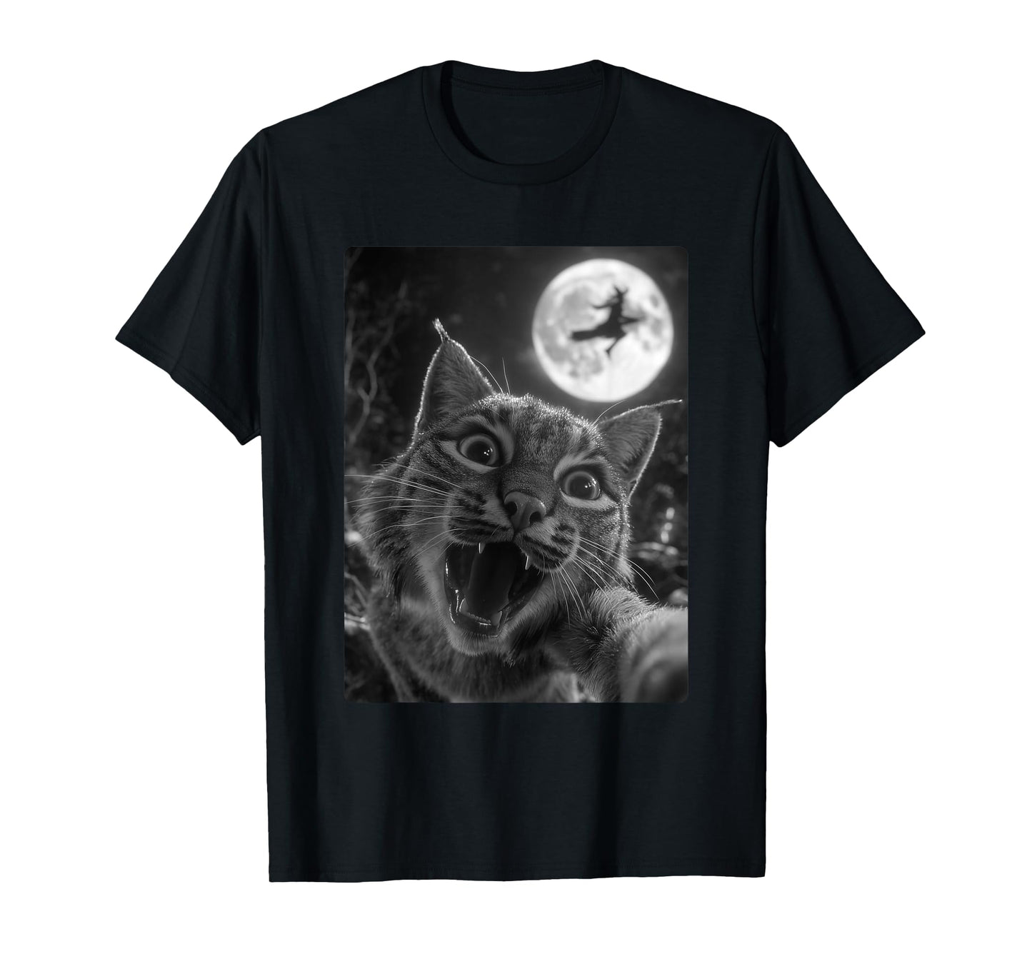 Funny Bobcat Selfie Full Moon Flying Witch Forest Halloween T-Shirt