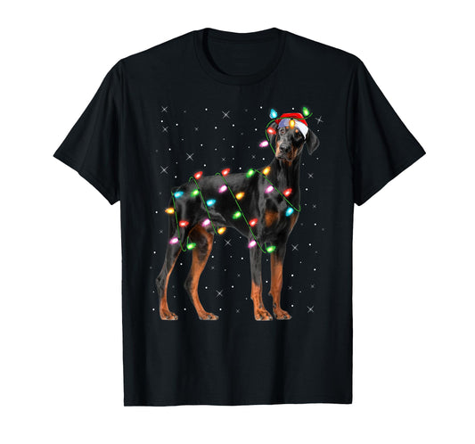 Doberman Dog Christmas Lights Santa Pet Dog Lover Xmas T-Shirt
