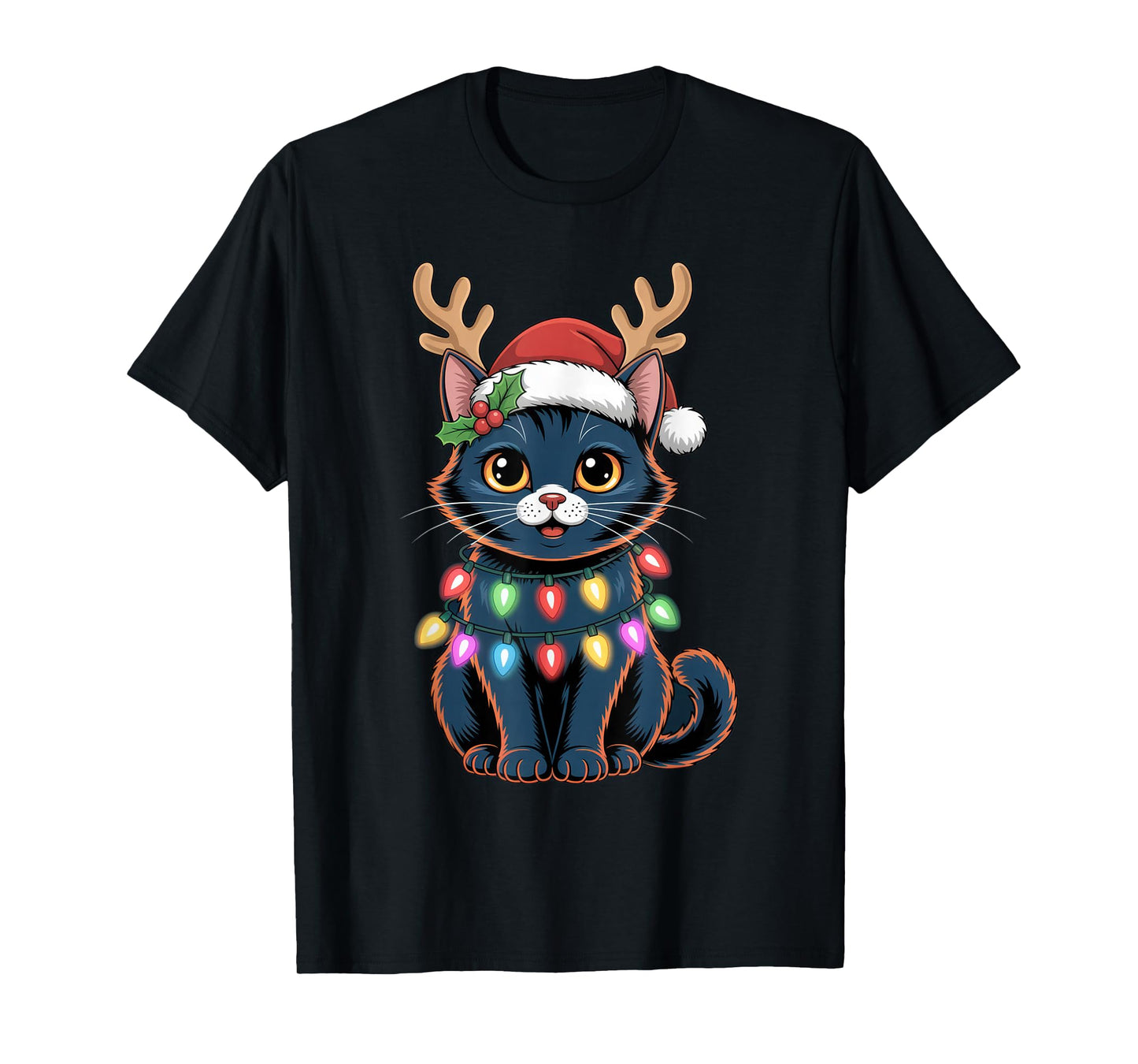 Cute Christmas Cat with Antlers Holiday Outfit T-Shirt