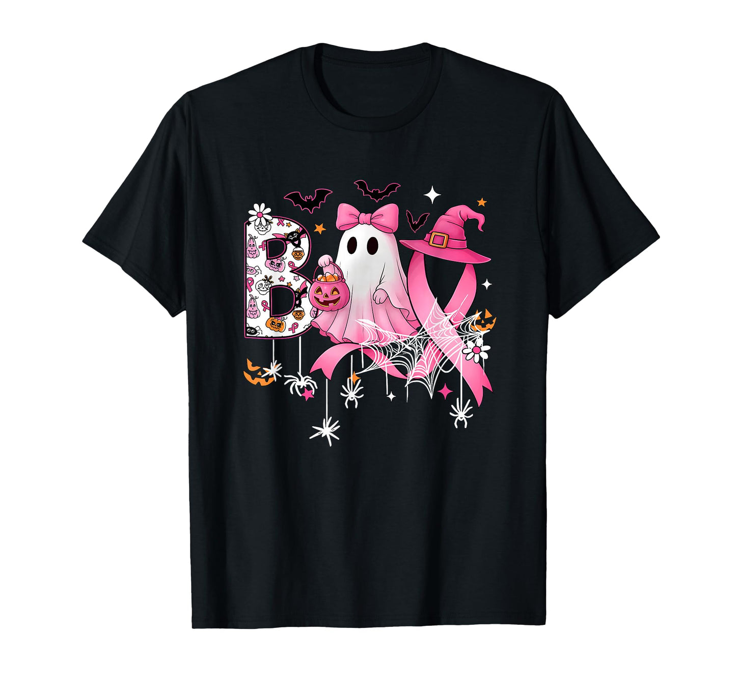 Boo Halloween Pumpkin Pink Ribbon Witch Breast Cancer Women T-Shirt