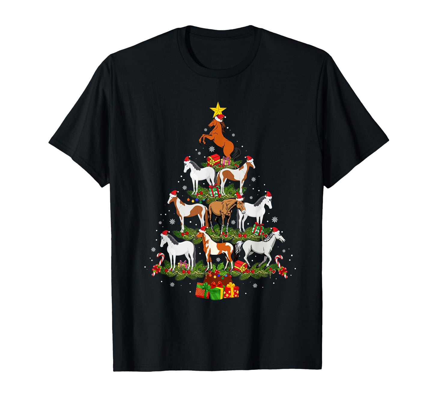 Horse Christmas Tree Lights Funny Xmas Family Men Women T-Shirt