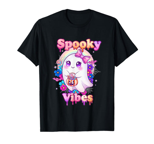 Cute Spooky Vibes Ghost Witch Pastel Halloween T-Shirt