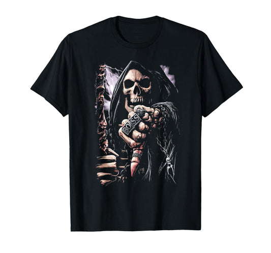 Scary Grim Reaper Boss Ring Death Skeleton Skull Halloween T-Shirt
